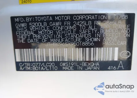 2009 Lexus Gs 450H z USA, uszkodzony, nr VIN JTHBC96SX95018856